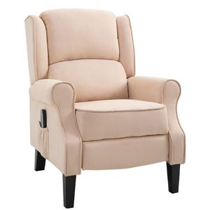 A beige, cushioned recliner chair with wingback design, fabric upholstery, and dark wooden legs.
