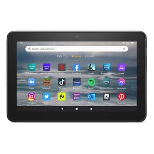 Amazon Fire tablet displaying various apps on its screen, including social media, streaming services, and Amazon-specific applications.