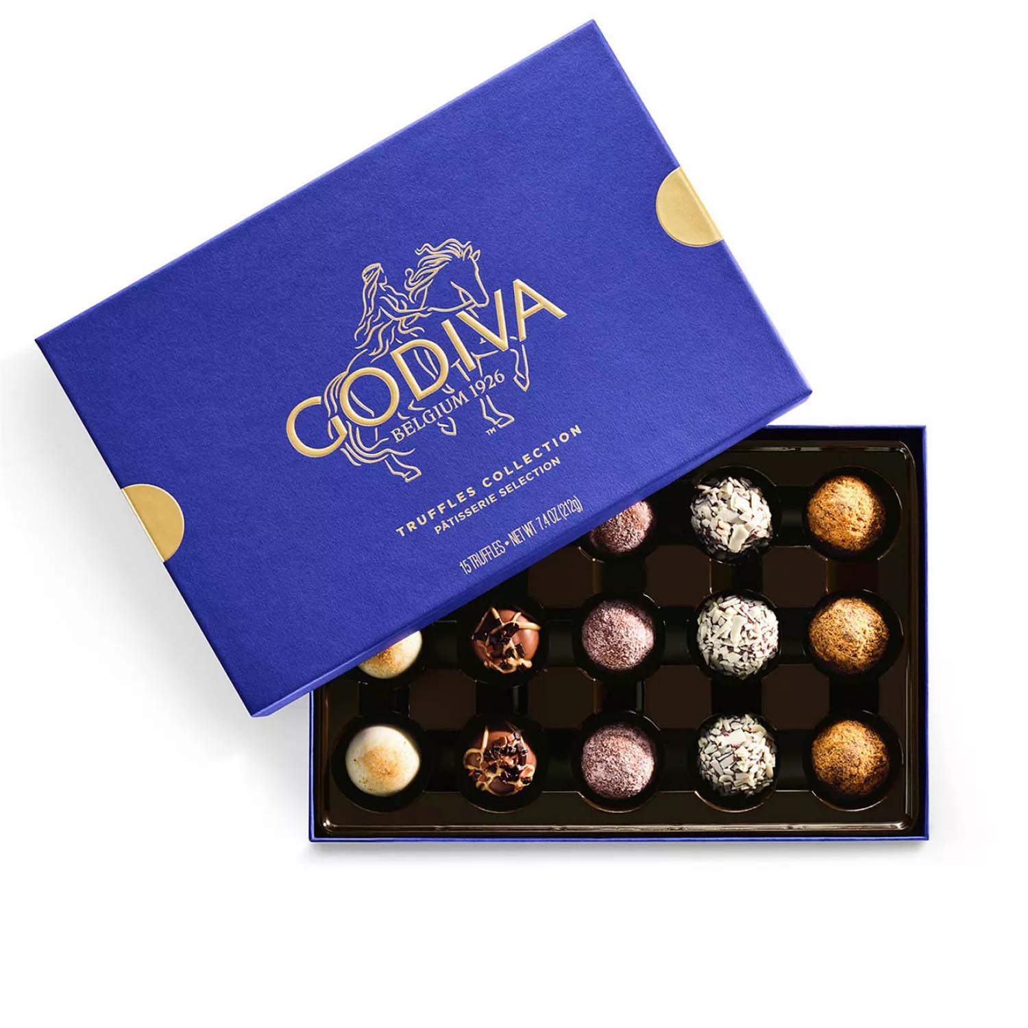 A box of Godiva Belgian truffles featuring a variety of flavors from their Patisserie Selection, with 15 pieces displayed in an elegant blue and gold package.