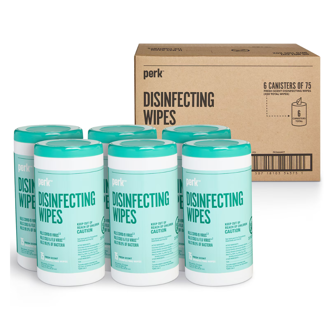 Packaging for Perk Disinfecting Wipes featuring six canisters labeled \“Disinfecting Wipes,\“ each containing 75 wipes with a fresh scent.