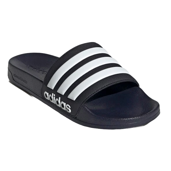 Adidas Men's Adilette Slides feature a black footbed with a white three-stripe design on the strap and the Adidas logo on the side. The open-toe design offers comfort and casual style.