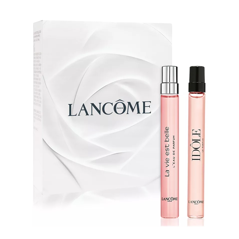The Lancôme La Vie Est Belle Perfume Set includes two travel-sized fragrances: La Vie Est Belle L'Eau de Parfum and Idôle Le Parfum. The set features sleek, cylindrical bottles with a modern design and comes in elegant packaging.