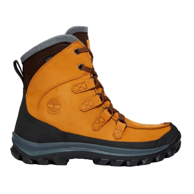 Timberland Insulated Winter Boots are tan with black rubber soles and feature a lace-up design. They have a gray padded collar for added comfort and are branded as waterproof with the Timberland logo embossed on the side.