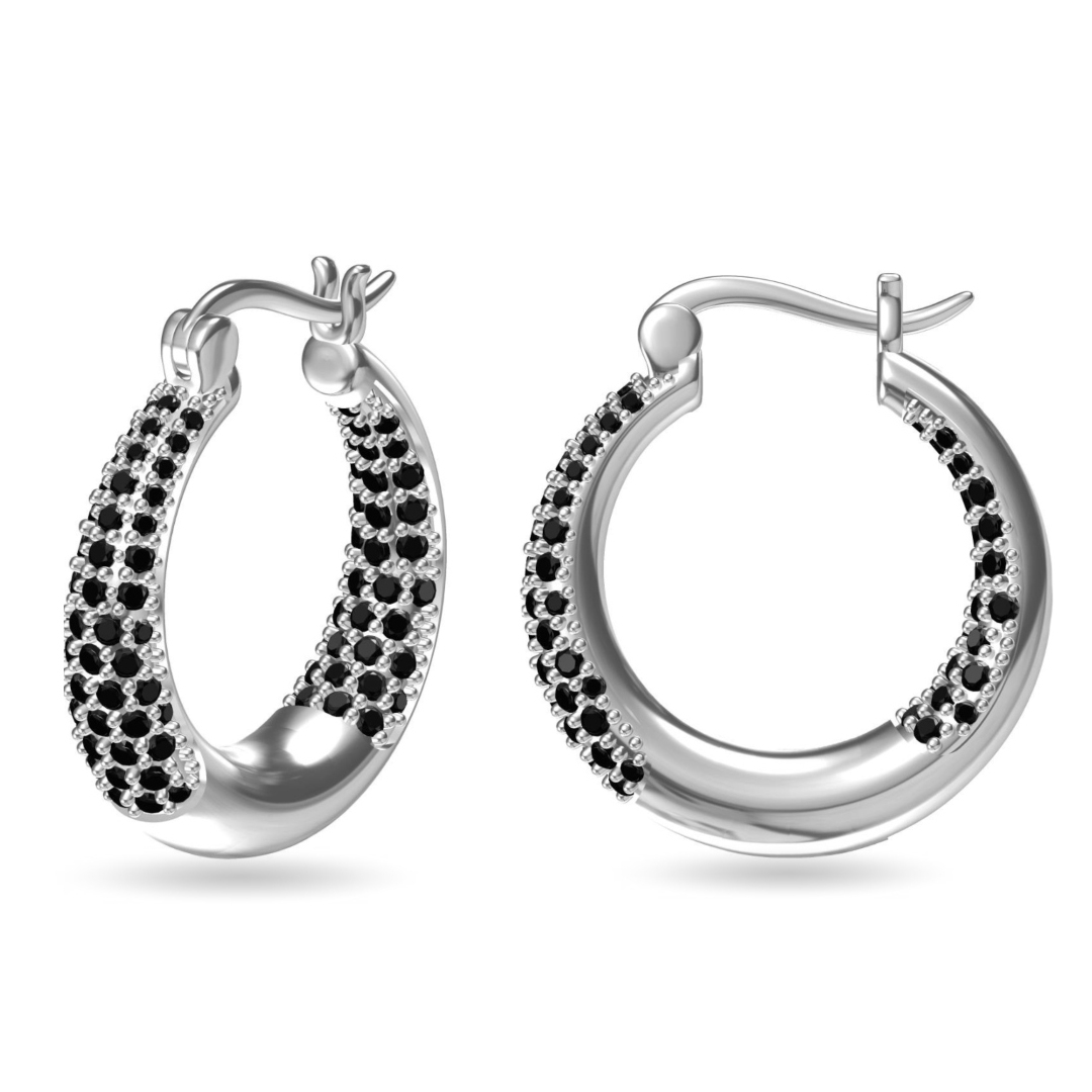 Silver hoop earrings adorned with small black gemstones.
