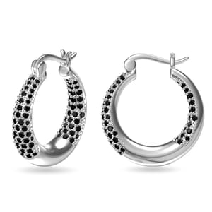 Silver hoop earrings adorned with small black gemstones.