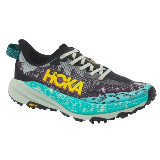 A Hoka trail running shoe with a vibrant design, featuring a turquoise and black color scheme, yellow branding, and a Vibram sole for enhanced grip.
