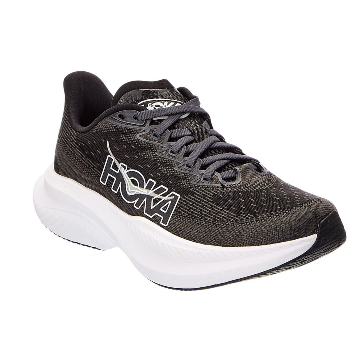 A black Hoka running shoe with a thick white sole, featuring the Hoka logo on the side and a lace-up design.