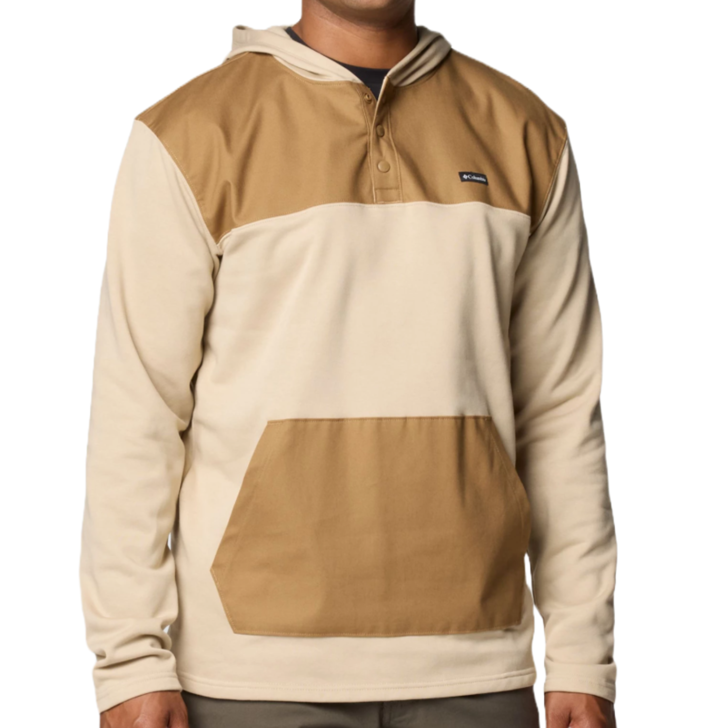 Two-toned Columbia Pitchstone Hoodie featuring a buttoned collar, hood, and kangaroo pocket. The upper section and pocket are a darker tan, while the rest is a lighter cream color.