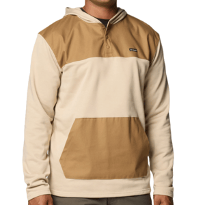 Two-toned Columbia Pitchstone Hoodie featuring a buttoned collar, hood, and kangaroo pocket. The upper section and pocket are a darker tan, while the rest is a lighter cream color.