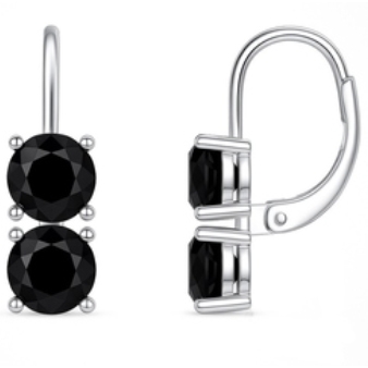 A pair of silver-tone leverback earrings featuring two stacked round black stones.