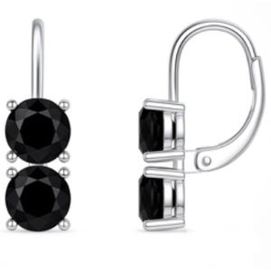 A pair of silver-tone leverback earrings featuring two stacked round black stones.