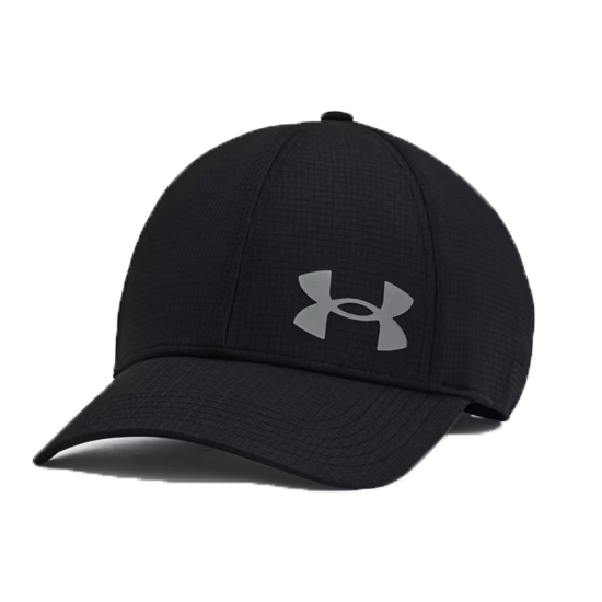 Black baseball cap with a curved brim featuring a grey Under Armour logo on the front.