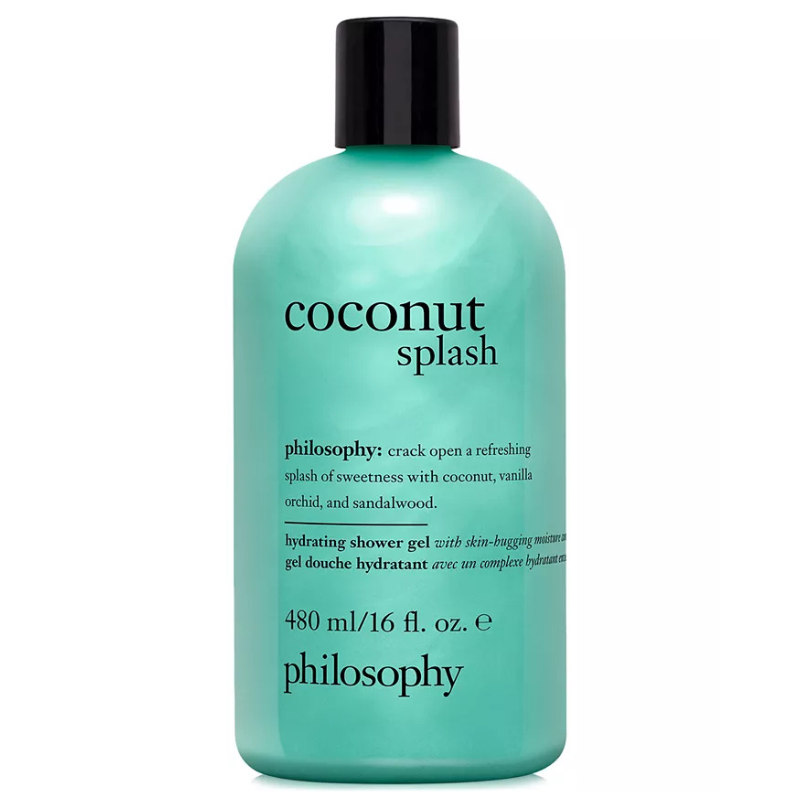 Philosophy Coconut Splash hydrating shower gel with coconut, vanilla orchid, and sandalwood. 480 ml/16 fl. oz.