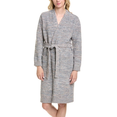 A woman is wearing a knee-length, long-sleeve knit robe with a belted waist, featuring a marled gray pattern.