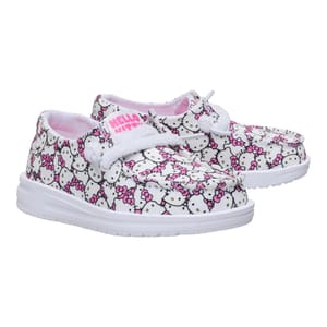 White shoes featuring a Hello Kitty pattern with pink accents and fuzzy details.