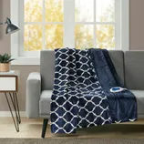 A navy and white patterned heated blanket with a remote drapes over a gray sofa, next to a small side table with a potted plant and lamp, against a window backdrop with an autumn view.