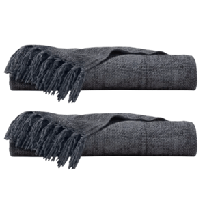 Two folded dark gray throws with fringed ends.
