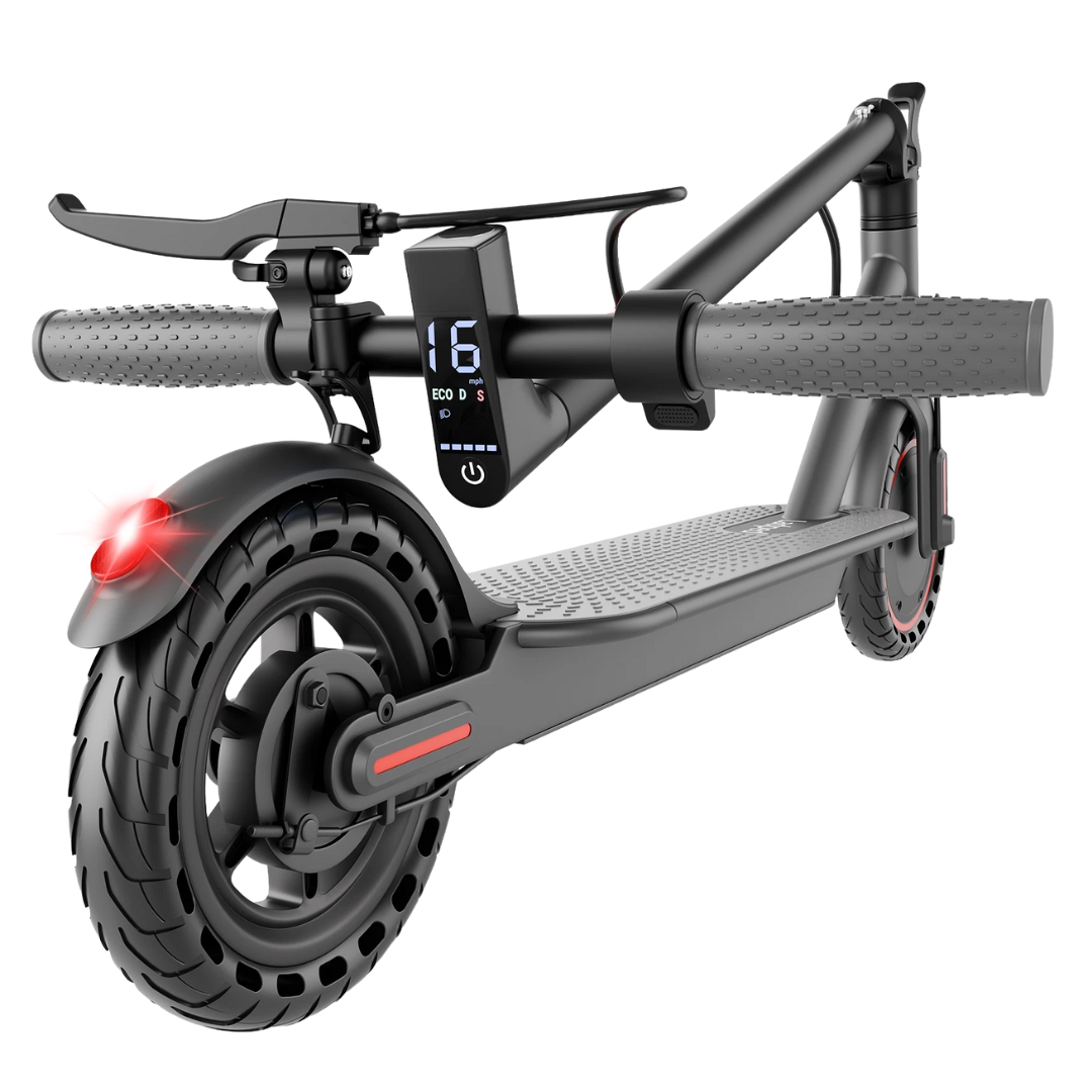 An electric scooter with a digital display showing 16 mph, equipped with textured handlebars, a handbrake, rear lights, and a folding mechanism.