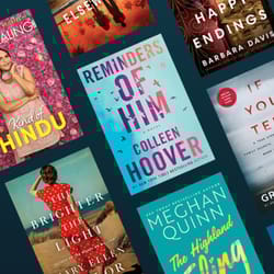 A selection of book covers showcasing titles like \“Reminders of Him\“ by Colleen Hoover, \“Kind of Hindu,\“ \“Happy Endings\“ by Barbara Davis, \“The Highland Fling\“ by Meghan Quinn, and \“The Brighter the Light.\“