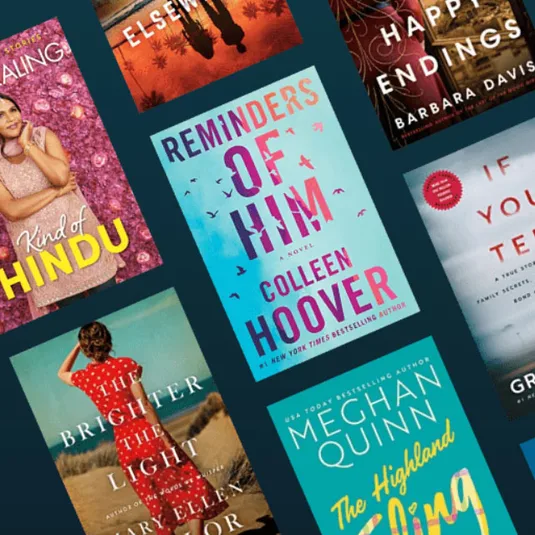 A selection of book covers showcasing titles like \“Reminders of Him\“ by Colleen Hoover, \“Kind of Hindu,\“ \“Happy Endings\“ by Barbara Davis, \“The Highland Fling\“ by Meghan Quinn, and \“The Brighter the Light.\“