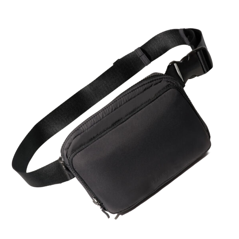 Black crossbody bag with an adjustable strap and buckle, featuring a zippered compartment.