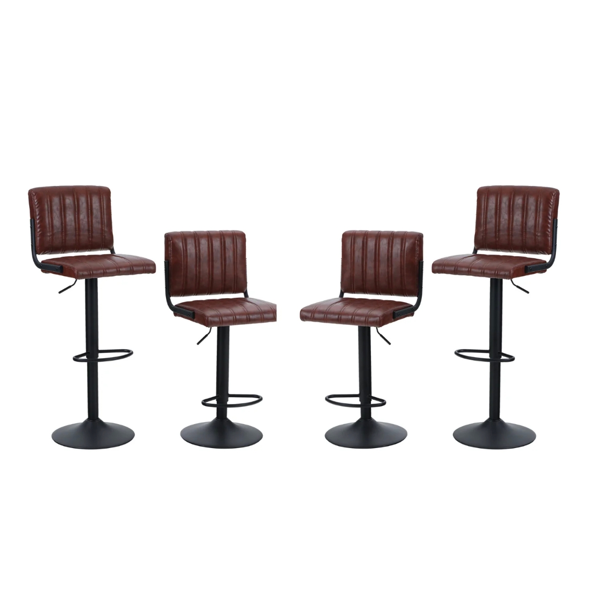 Four swivel bar stools with adjustable height and brown faux leather upholstery. They feature ribbed backs and seats, set on black pedestal bases with footrests.