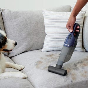 A handheld vacuum by Shark with a compact design and nozzle attachment is being used to clean a couch cushion with pet stains.