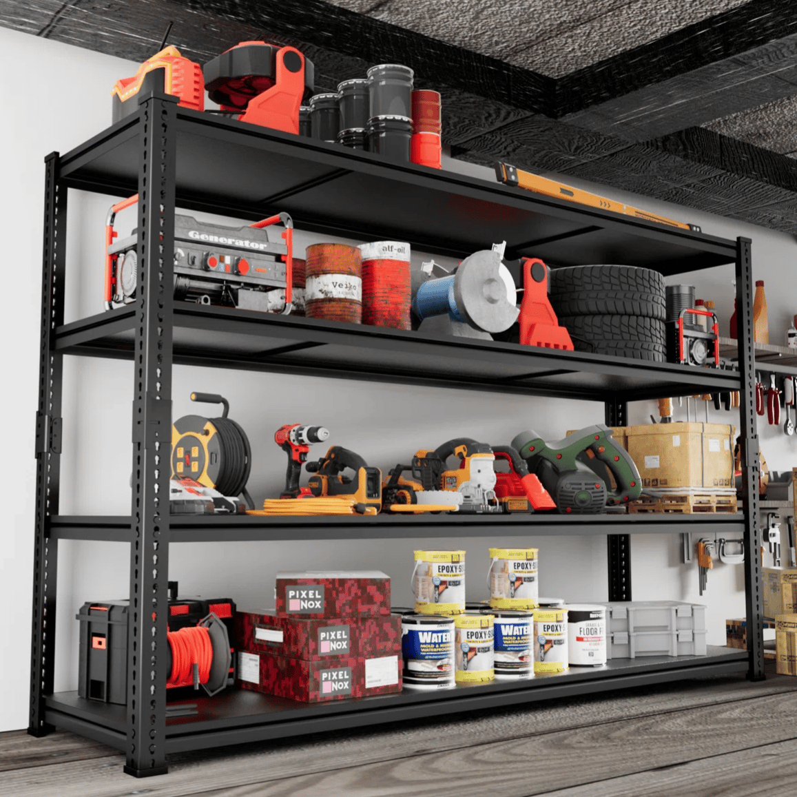 A garage shelf holds various tools and supplies, including power tools, extension cords, tires, paint cans, and boxes.