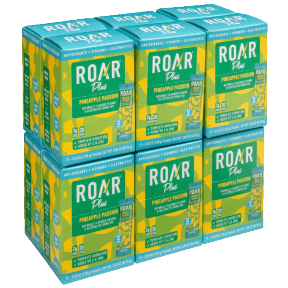 ROAR Plus Pineapple Passion drink mix packs, featuring antioxidants, vitamins, and electrolytes, provide hydration with added vitamin C and zinc. Each box contains 12 packets, with 2g of sugar and 20 calories per serving.