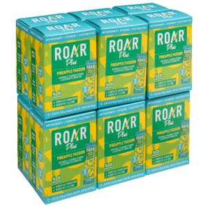 ROAR Plus Pineapple Passion drink mix packs, featuring antioxidants, vitamins, and electrolytes, provide hydration with added vitamin C and zinc. Each box contains 12 packets, with 2g of sugar and 20 calories per serving.