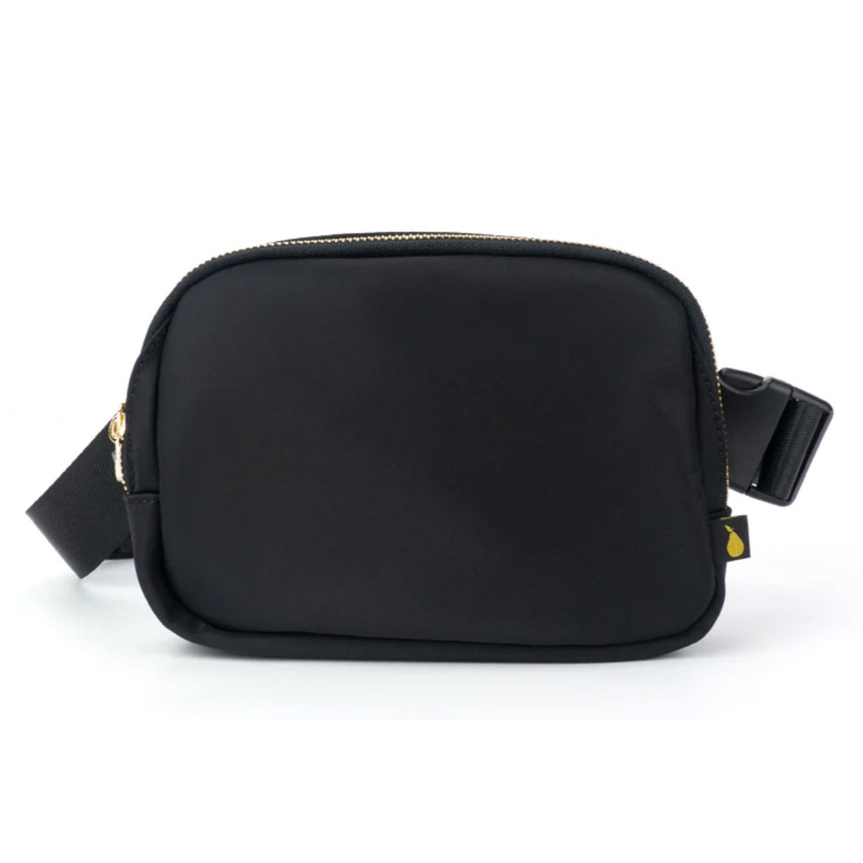 Black nylon waist pack with a gold-tone zipper closure, adjustable strap, and a compact, rectangular shape.