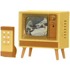 A retro-styled miniature TV with a matching remote control, displaying a scene from a classic sci-fi show featuring a human and a creature interaction.