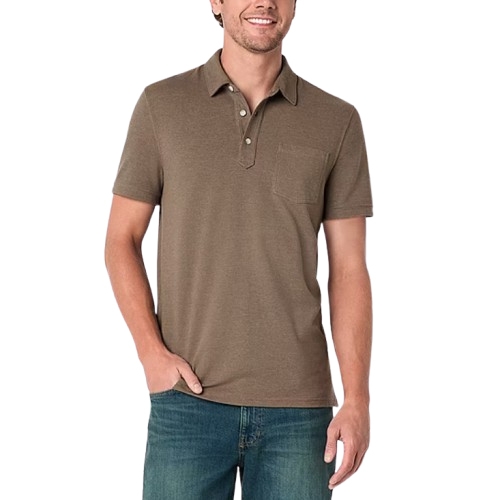 A man is wearing a brown short-sleeve polo shirt with a small chest pocket and a buttoned collar, paired with blue jeans.