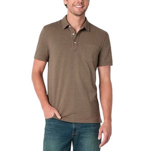 A man is wearing a brown short-sleeve polo shirt with a small chest pocket and a buttoned collar, paired with blue jeans.