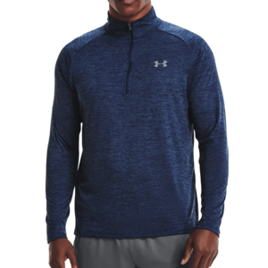 Under Armour men's blue long-sleeve half-zip shirt with a subtle heather pattern and the Under Armour logo on the chest.