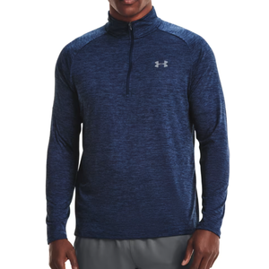 Under Armour men's blue long-sleeve half-zip shirt with a subtle heather pattern and the Under Armour logo on the chest.