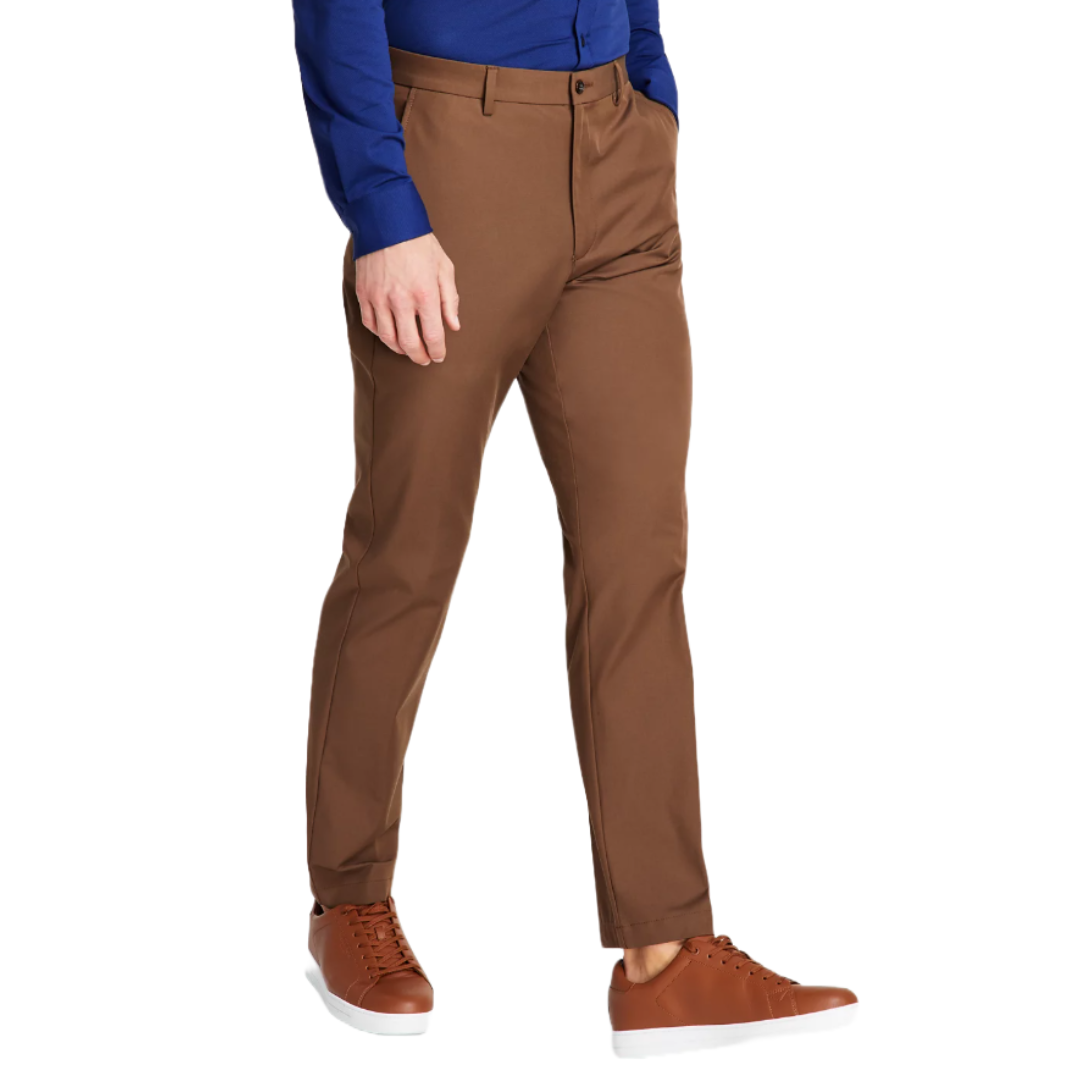 Brown Michael Kors dress pants paired with brown sneakers and a blue shirt, featuring a straight fit and sleek design.