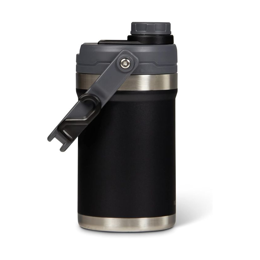 Black and gray insulated water jug with a wide base and a sturdy handle, featuring a secure twist-top lid.