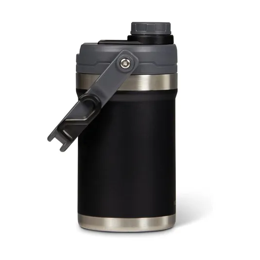 Black and gray insulated water jug with a wide base and a sturdy handle, featuring a secure twist-top lid.
