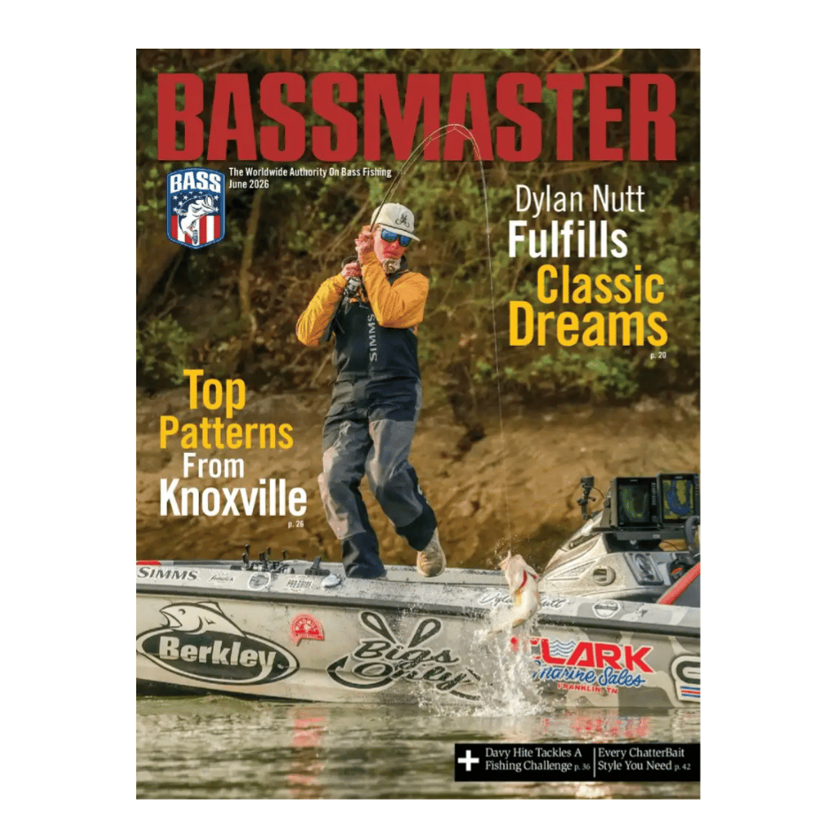 Bassmaster magazine cover featuring a fisherman catching bass, with logos of Berkley and Clark Marine Sales on the boat. Highlights include articles on bass fishing patterns from Knoxville and a fishing challenge by Davy Hite.