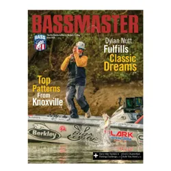 Bassmaster magazine cover featuring a fisherman catching bass, with logos of Berkley and Clark Marine Sales on the boat. Highlights include articles on bass fishing patterns from Knoxville and a fishing challenge by Davy Hite.