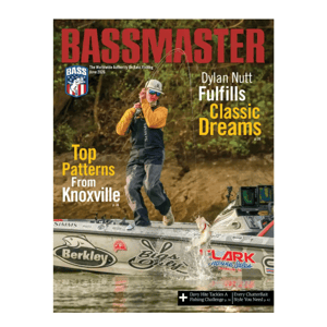 Bassmaster magazine cover featuring a fisherman catching bass, with logos of Berkley and Clark Marine Sales on the boat. Highlights include articles on bass fishing patterns from Knoxville and a fishing challenge by Davy Hite.