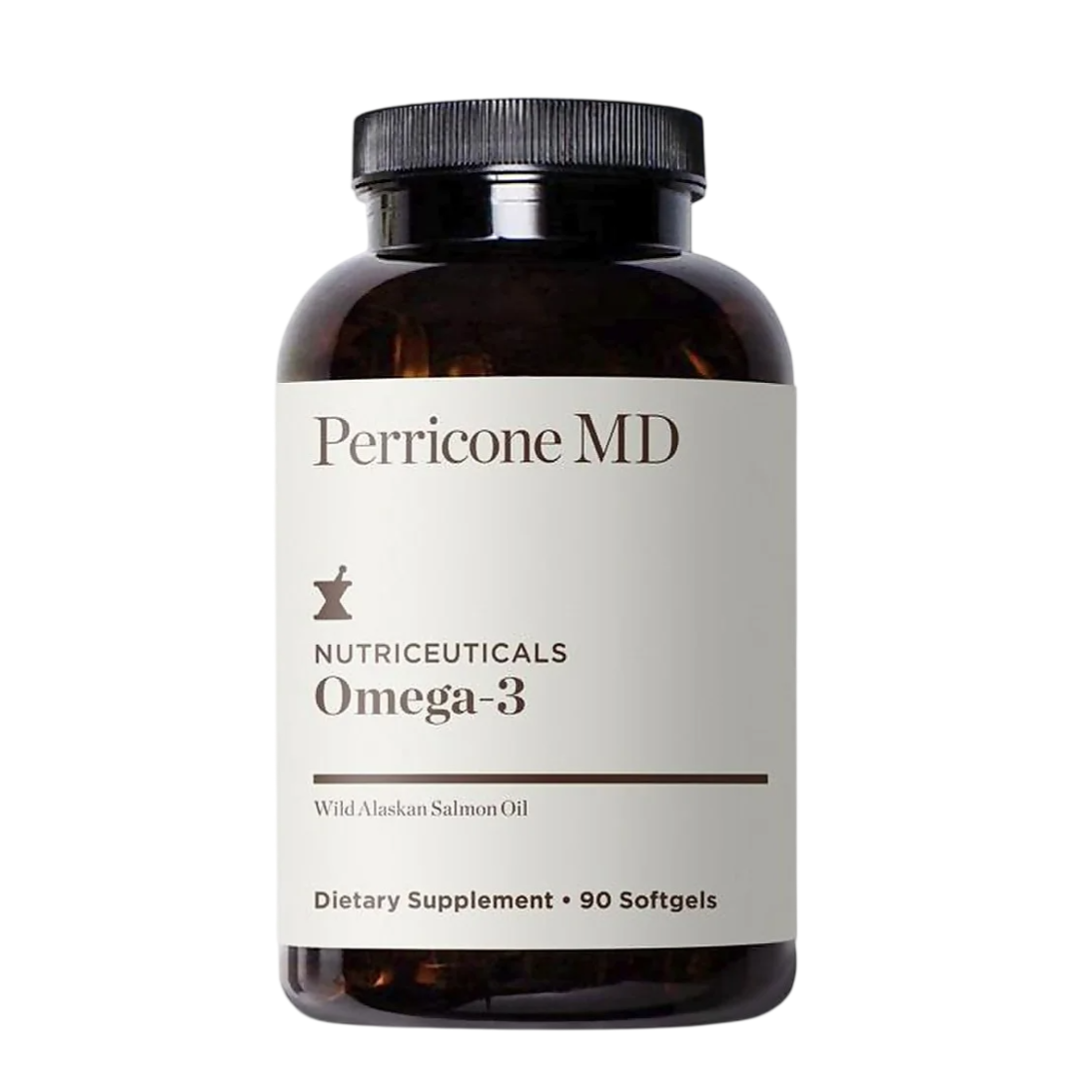 Perricone MD Omega-3 dietary supplement contains wild Alaskan salmon oil, available in 90 softgels.