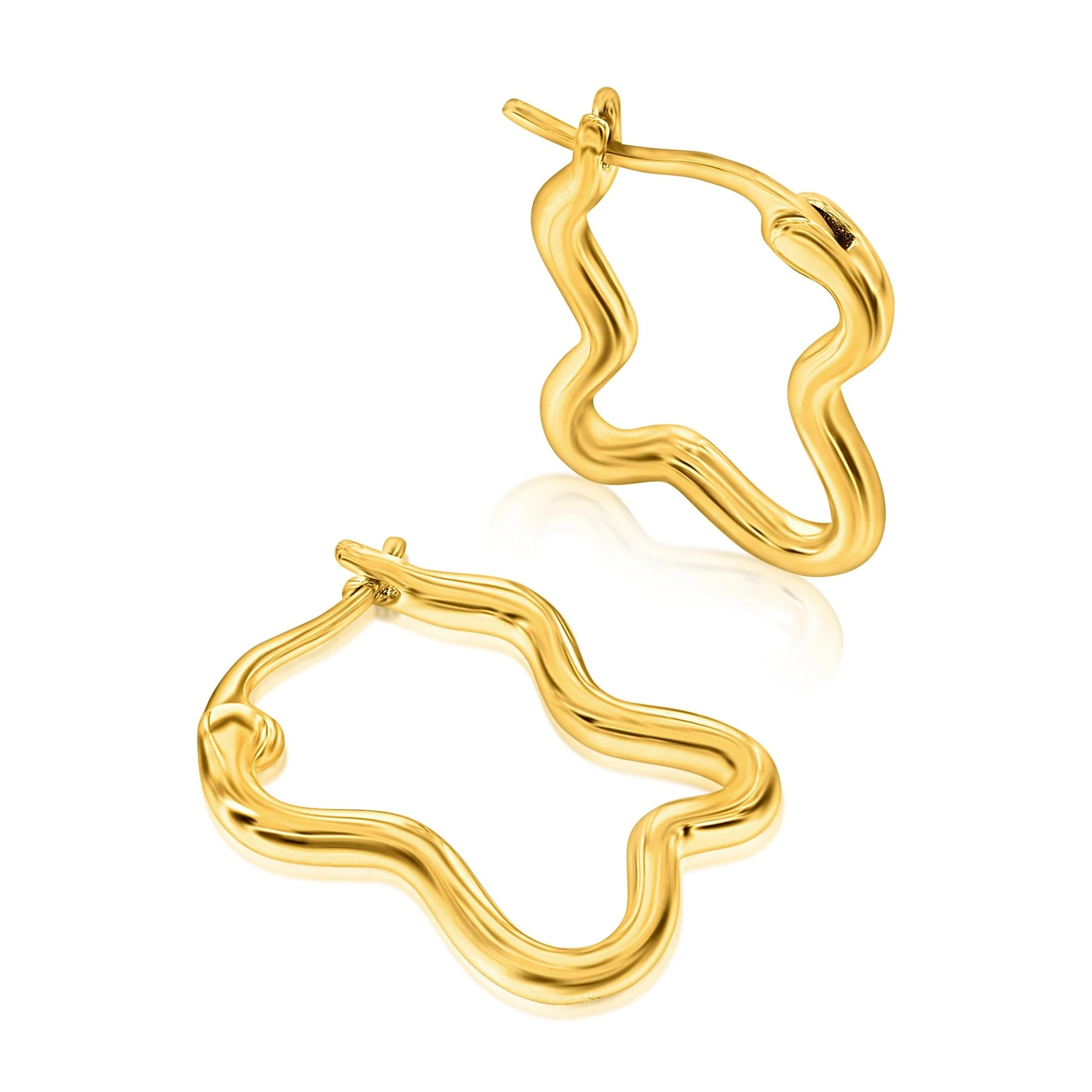 A pair of gold hoop earrings with a wavy, irregular star-like shape.