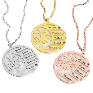 Three round pendants in silver, gold, and rose gold feature a tree design with six customizable names and corresponding birthstones. Each pendant hangs from a matching chain.