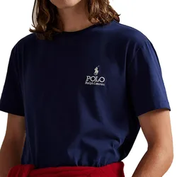A navy blue Ralph Lauren T-shirt featuring the brand's Polo logo and signature embroidered on the chest. A red garment is tied around the waist.