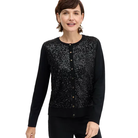 Black cardigan with sequins on the front, button-up design, and long sleeves.