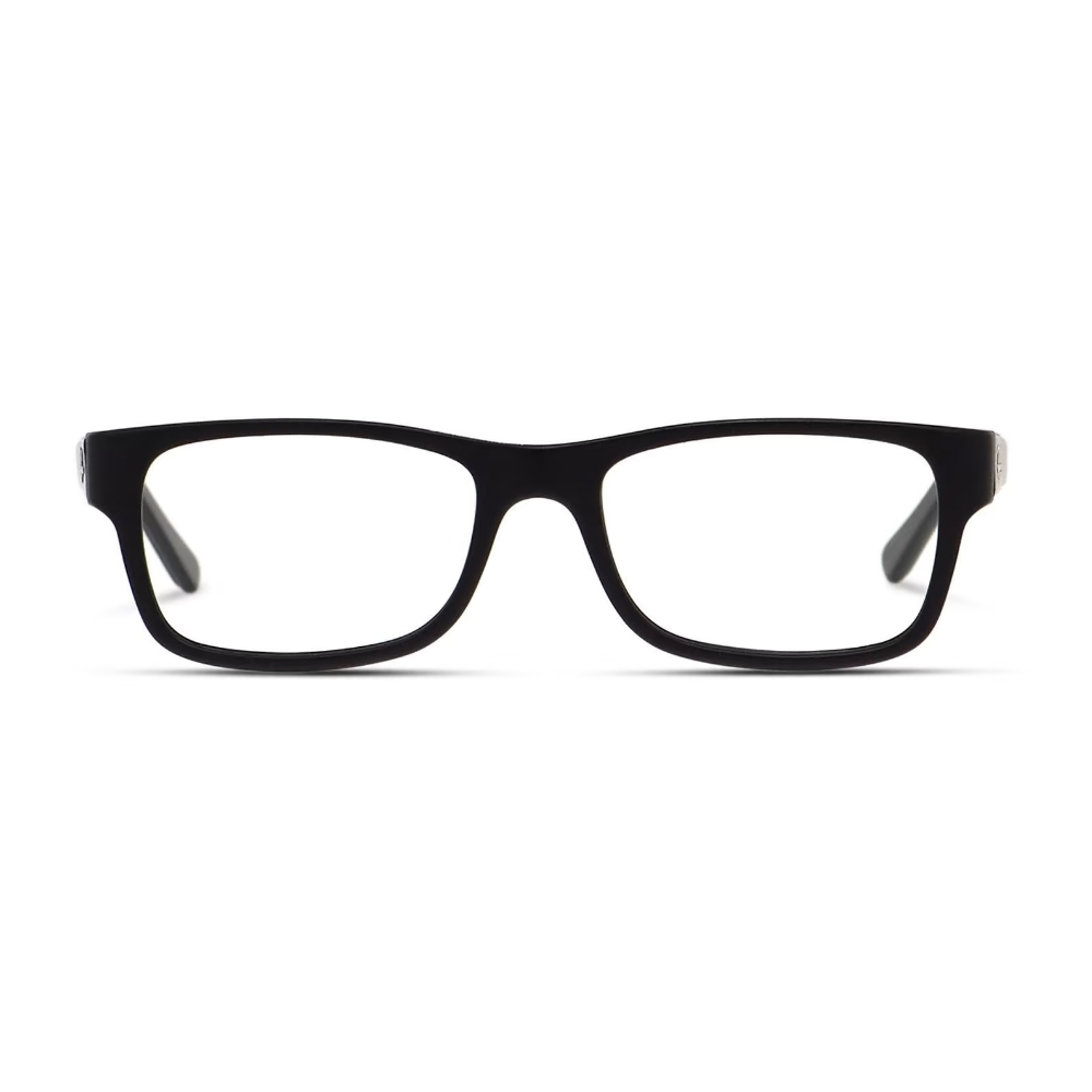 A pair of black rectangular eyeglasses with a sleek, classic design.