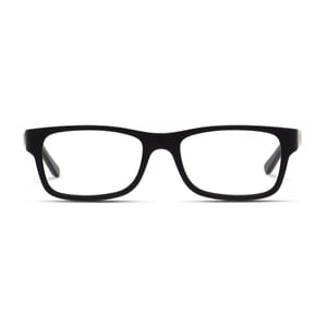 A pair of black rectangular eyeglasses with a sleek, classic design.