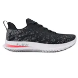 Under Armour running shoe, black with gray and white speckles, features a cushioned midsole labeled \“FLOW\“ and a black heel pull tab.
